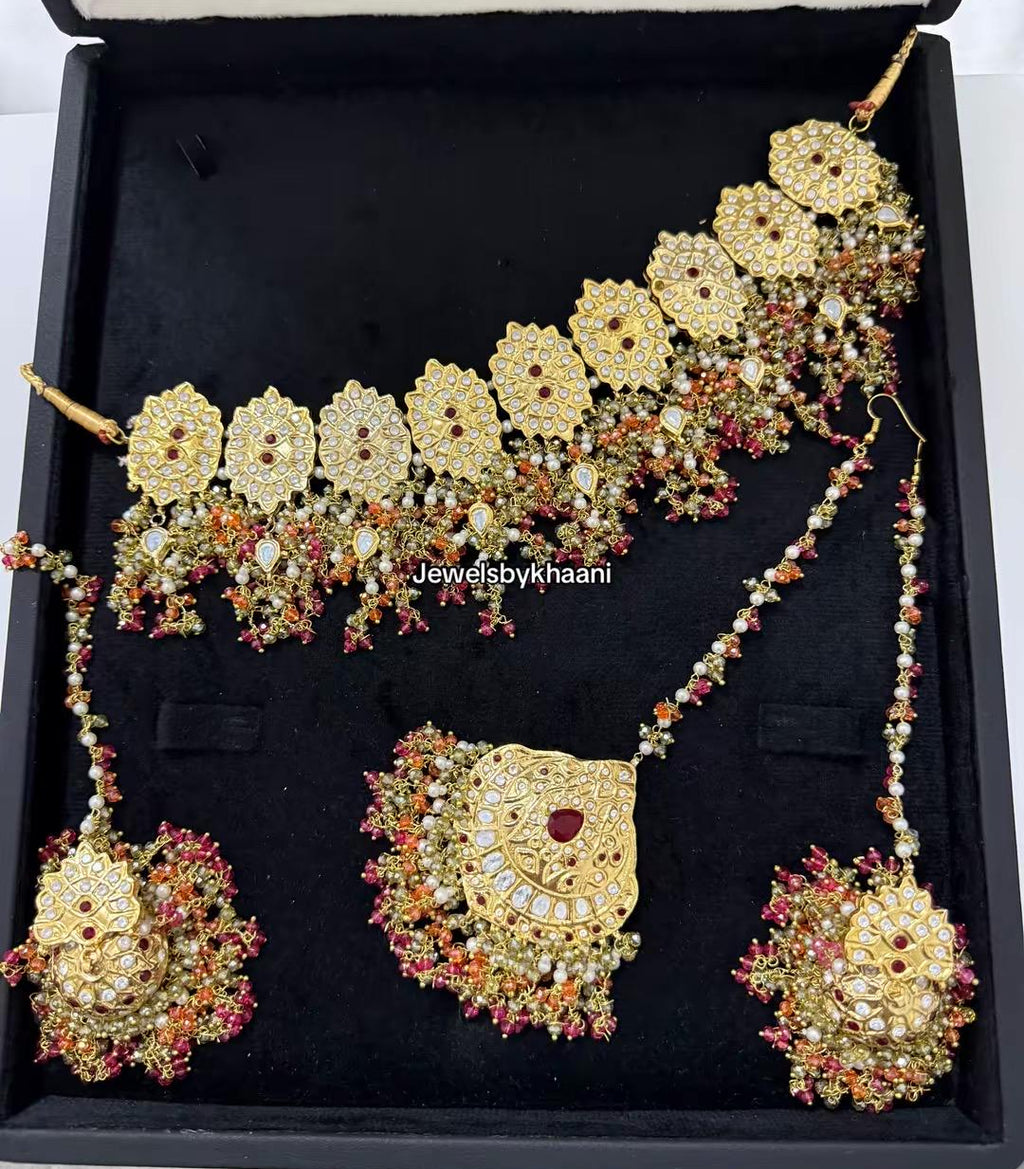 24k Gold Plated Indian Bridal Choker Jewelry Set, Wedding Necklace, Maang Tikka, Jhumka Earrings
