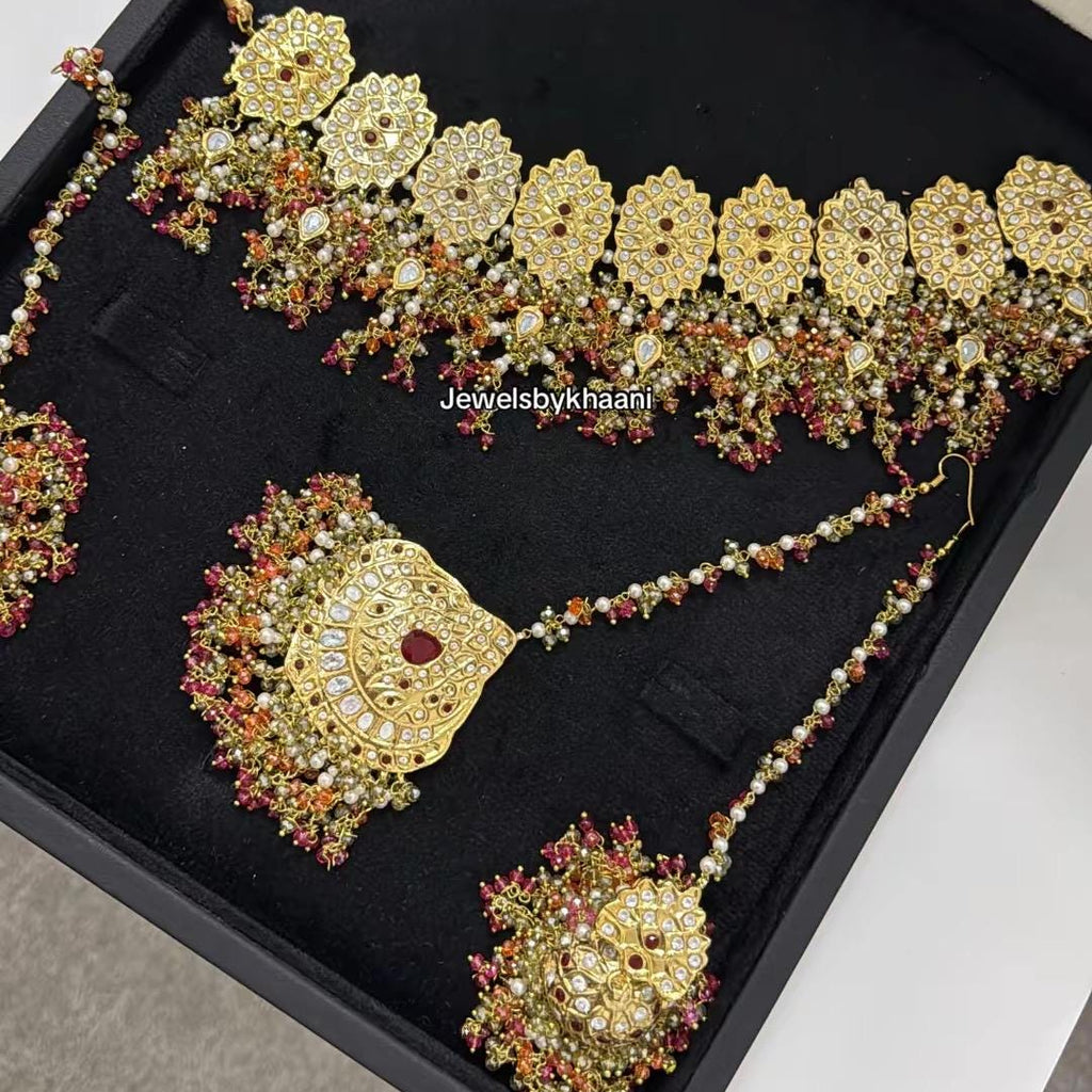 24k Gold Plated Indian Bridal Choker Jewelry Set, Wedding Necklace, Maang Tikka, Jhumka Earrings