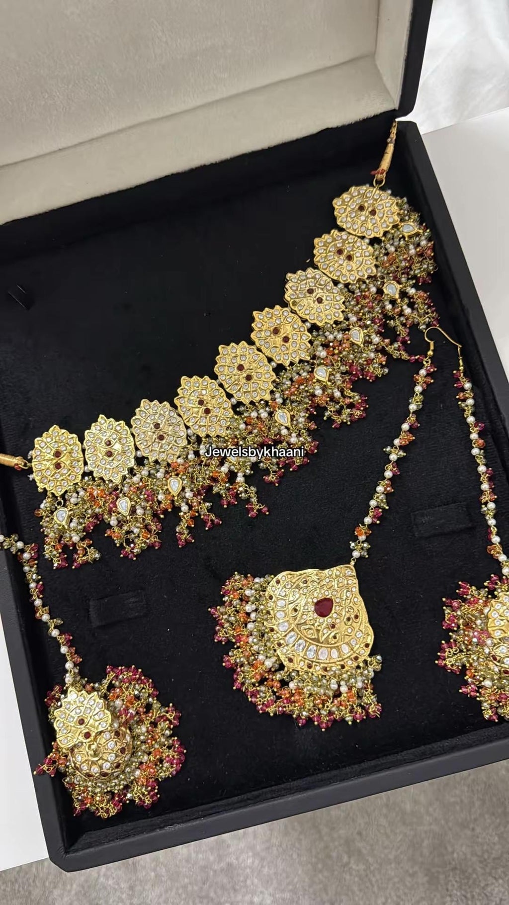 24k Gold Plated Indian Bridal Choker Jewelry Set, Wedding Necklace, Maang Tikka, Jhumka Earrings