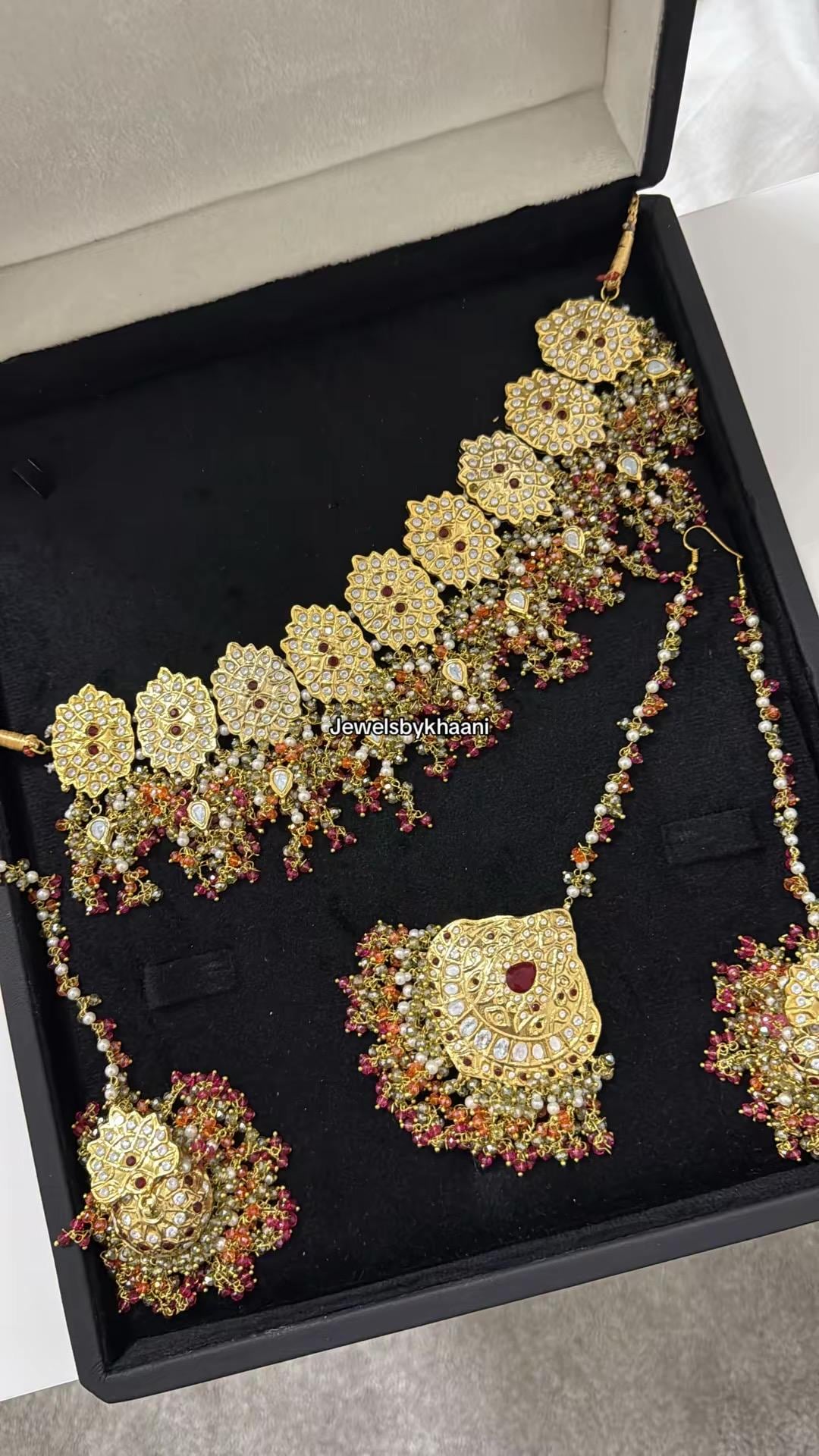 24k Gold Plated Indian Bridal Choker Jewelry Set, Wedding Necklace, Maang Tikka, Jhumka Earrings