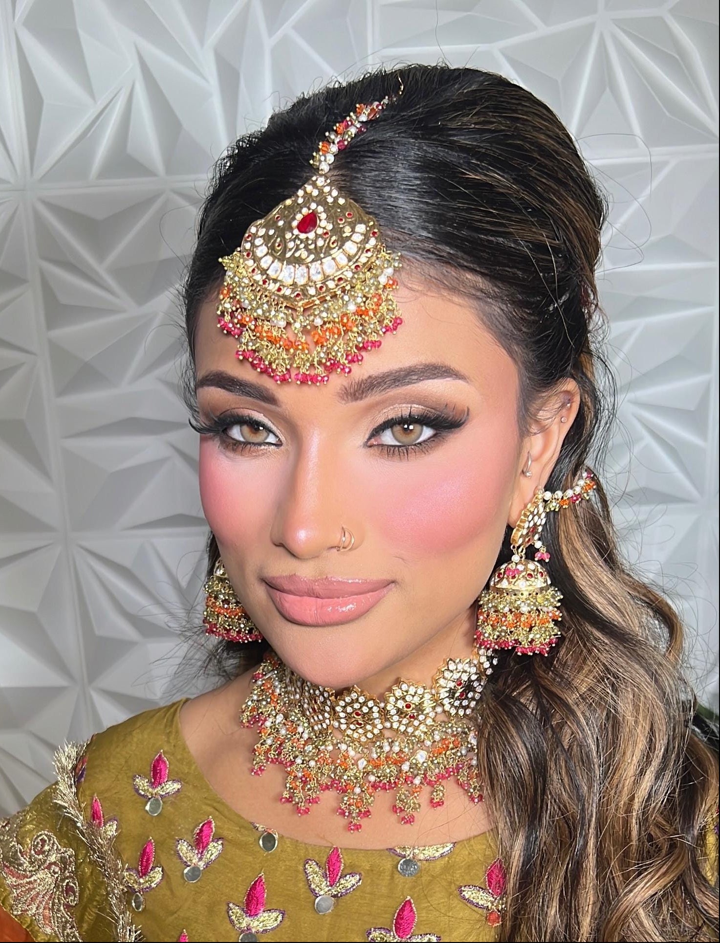 24k Gold Plated Indian Bridal Choker Jewelry Set, Wedding Necklace, Maang Tikka, Jhumka Earrings