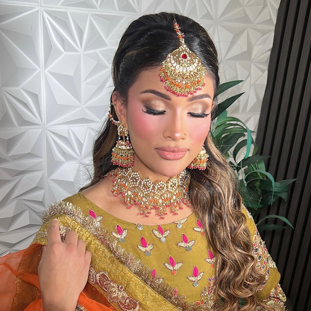 24k Gold Plated Indian Bridal Choker Jewelry Set, Wedding Necklace, Maang Tikka, Jhumka Earrings