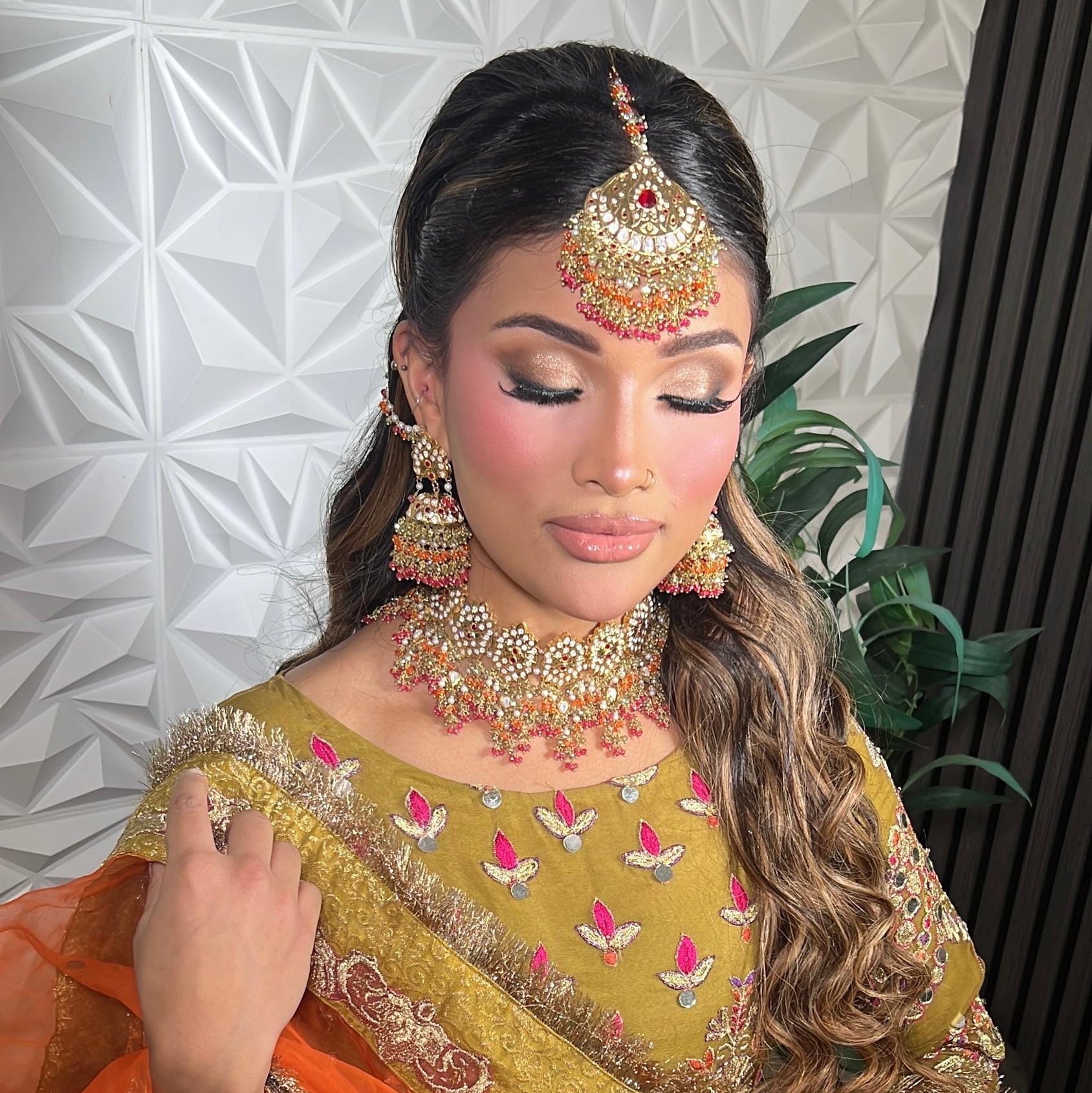 24k Gold Plated Indian Bridal Choker Jewelry Set, Wedding Necklace, Maang Tikka, Jhumka Earrings