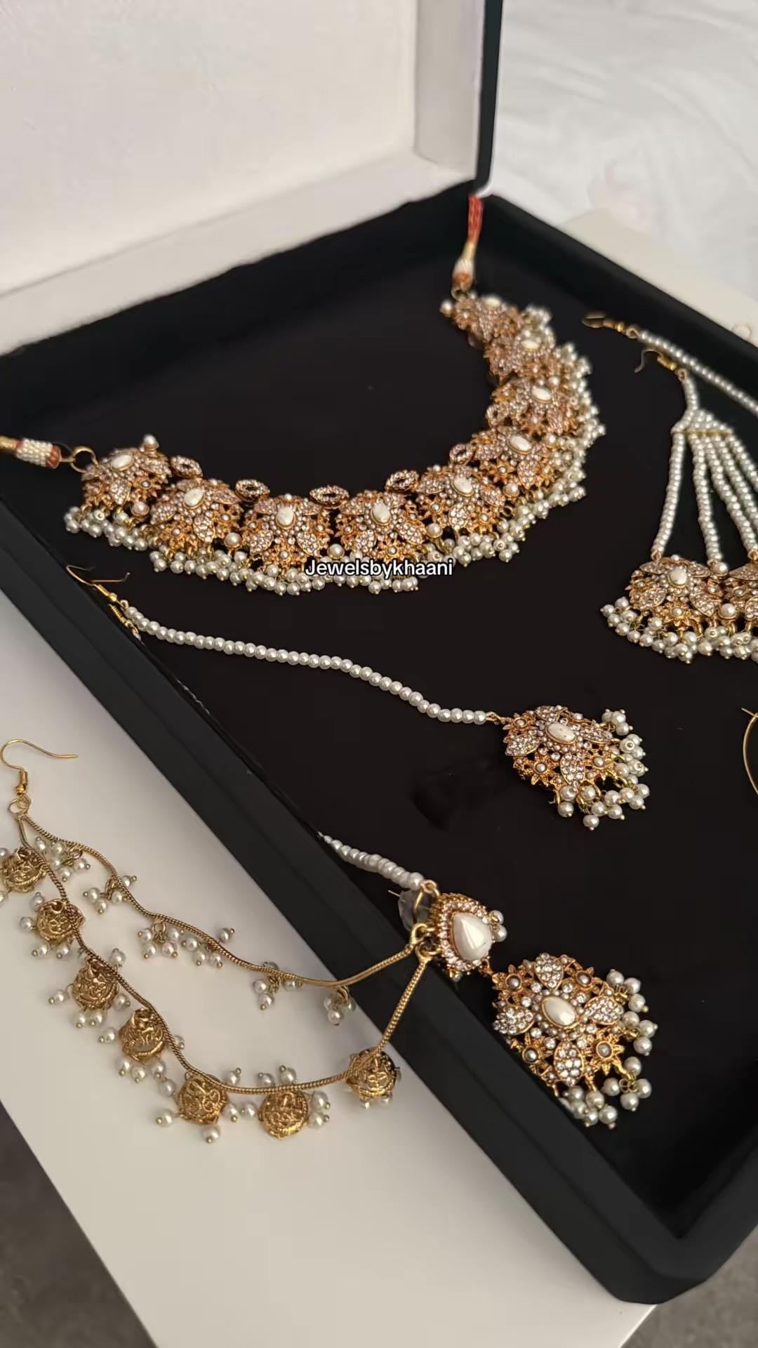 24k Gold Plated Indian Bridal Jewelry Set, Choker, Jhumka, Tikka, Jhoomar