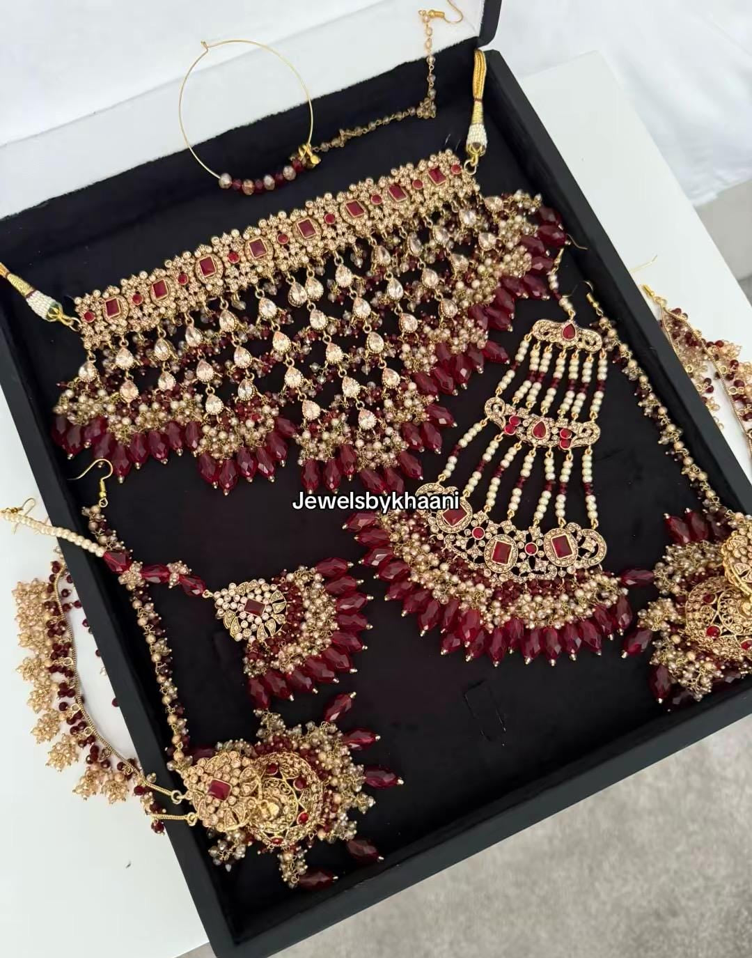 24k Gold Plated Indian Bridal Jewelry Set, Choker, Maang Tikka, Jhumka