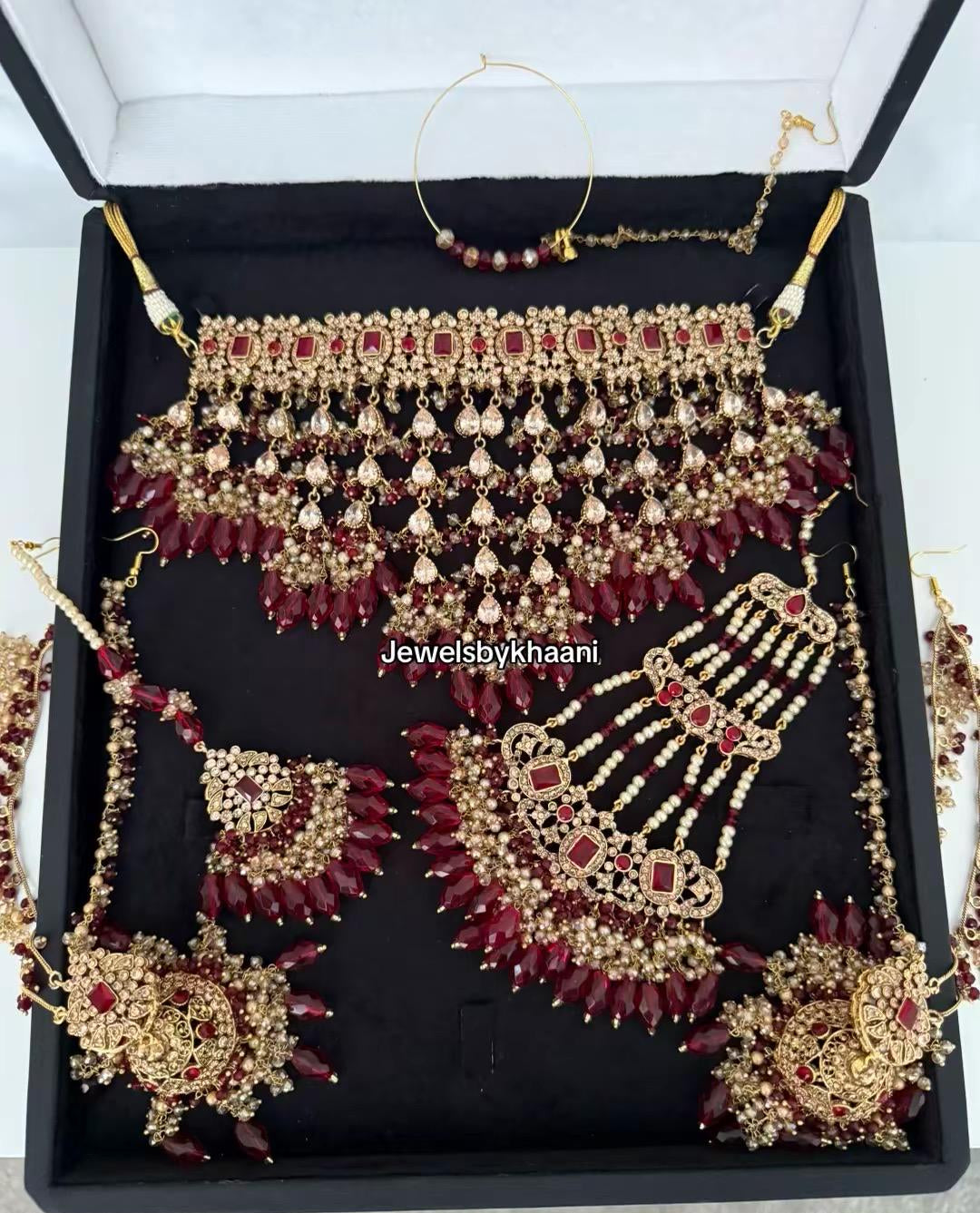 24k Gold Plated Indian Bridal Jewelry Set, Choker, Maang Tikka, Jhumka