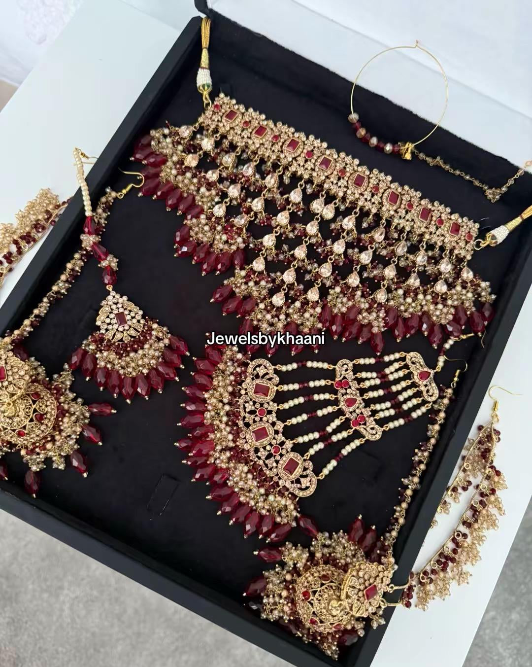 24k Gold Plated Indian Bridal Jewelry Set, Choker, Maang Tikka, Jhumka