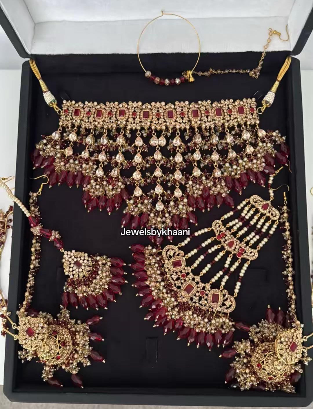 24k Gold Plated Indian Bridal Jewelry Set, Choker, Maang Tikka, Jhumka