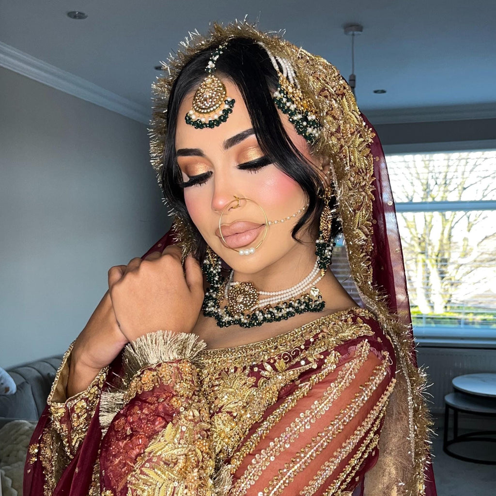 24k Gold Plated Indian Bridal Jewelry Set, Choker, Tikka, Jhumka, Jhoomar and nose ring