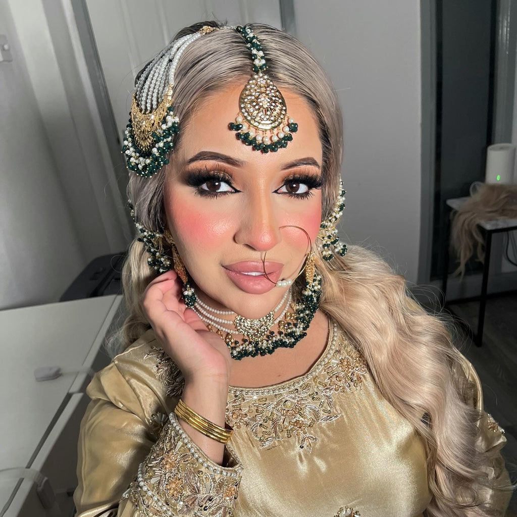 24k Gold Plated Indian Bridal Jewelry Set, Choker, Tikka, Jhumka, Jhoomar and nose ring