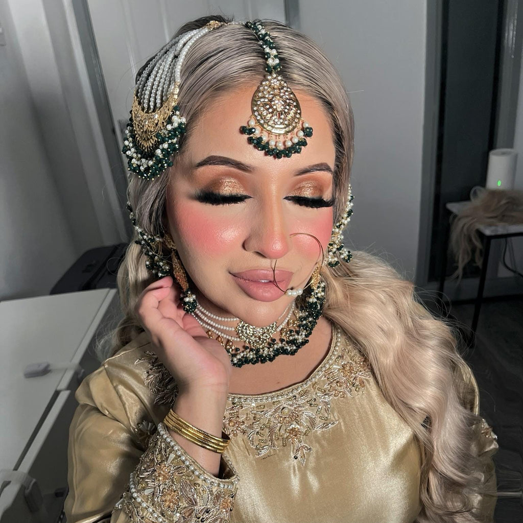 24k Gold Plated Indian Bridal Jewelry Set, Choker, Tikka, Jhumka, Jhoomar and nose ring