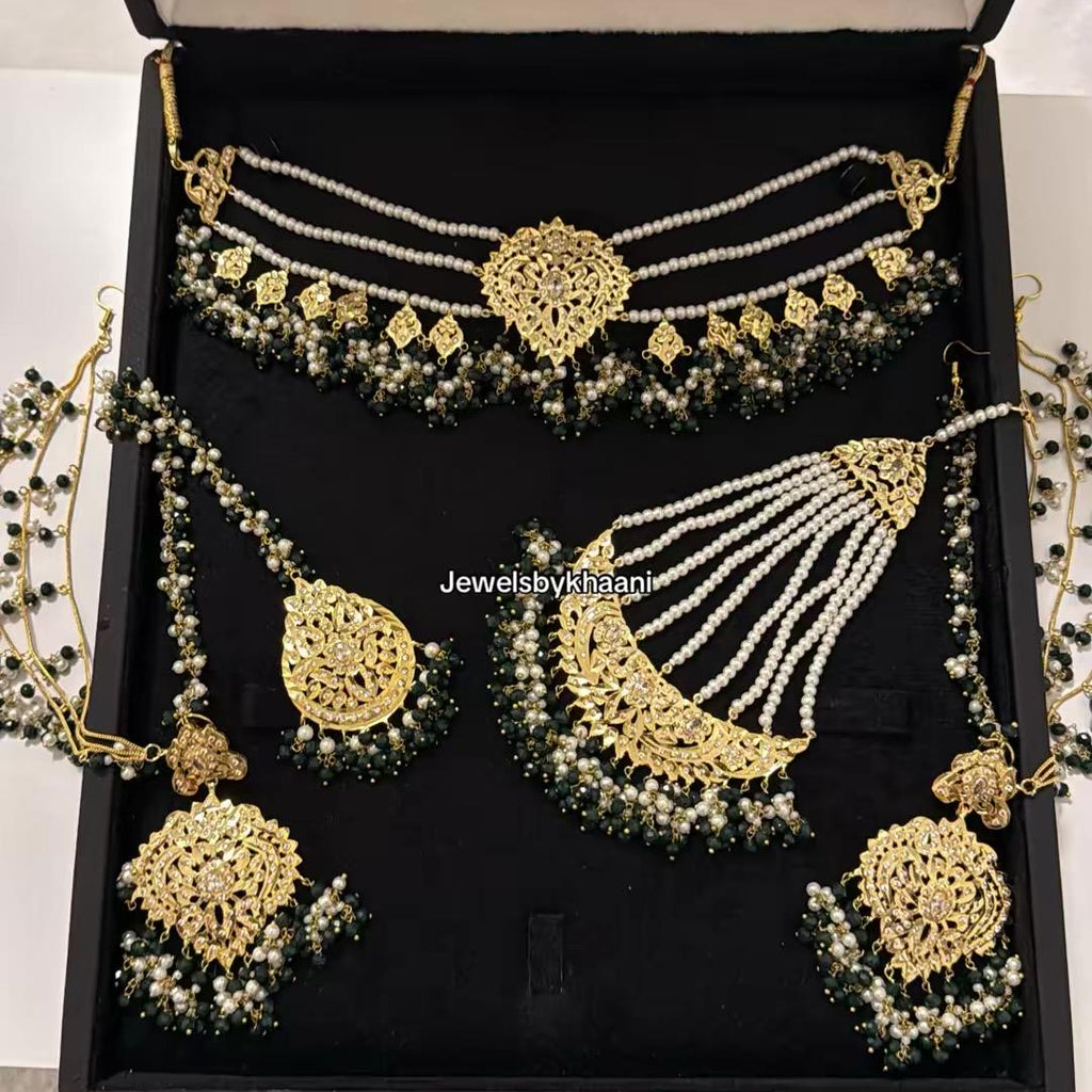 24k Gold Plated Indian Bridal Jewelry Set, Choker, Tikka, Jhumka, Jhoomar and nose ring