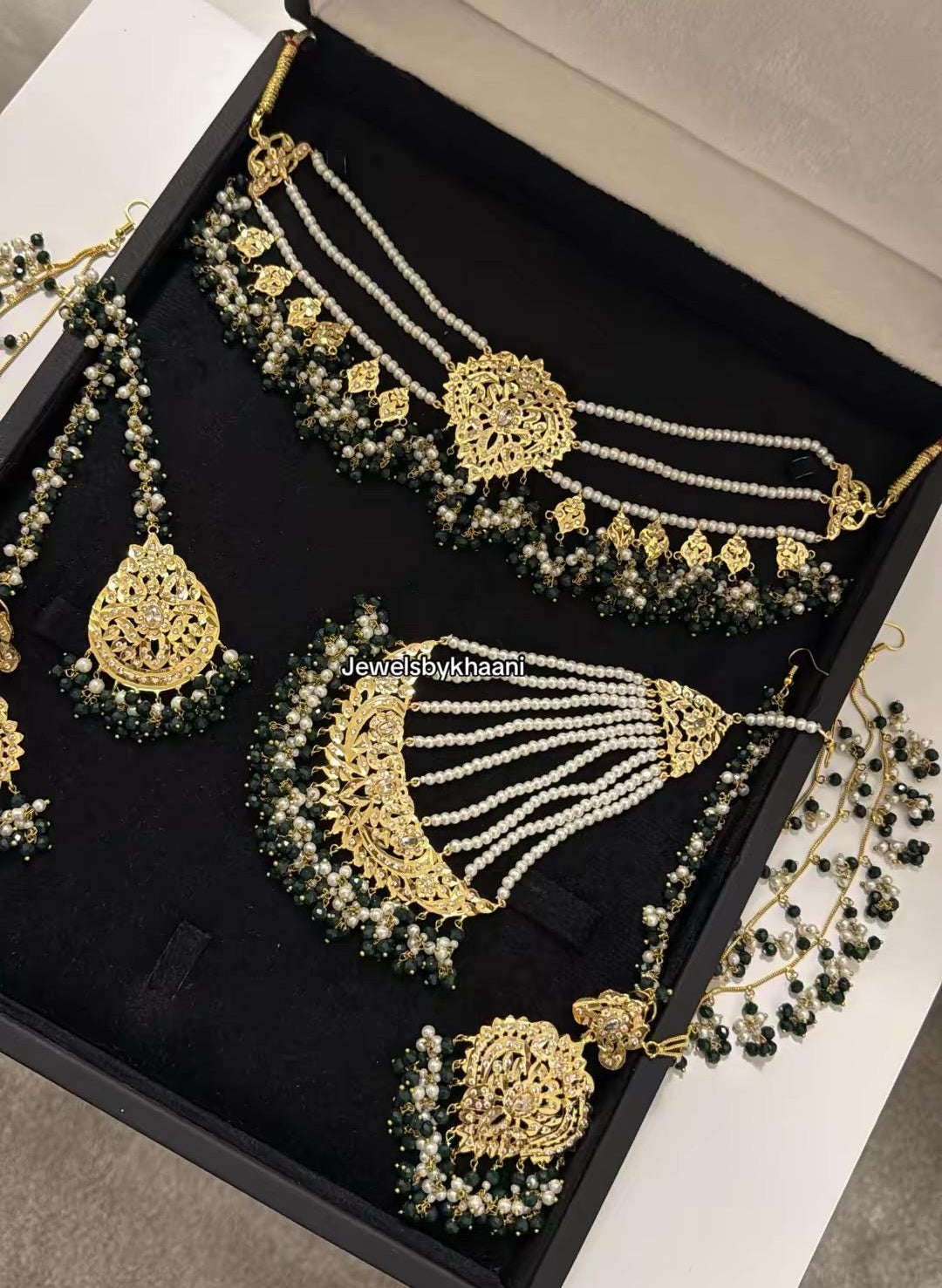24k Gold Plated Indian Bridal Jewelry Set, Choker, Tikka, Jhumka, Jhoomar and nose ring