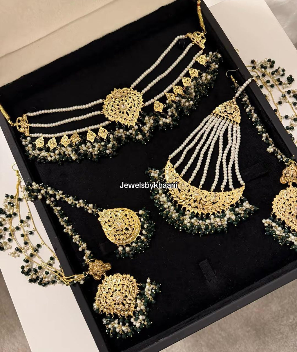 24k Gold Plated Indian Bridal Jewelry Set, Choker, Tikka, Jhumka, Jhoomar and nose ring