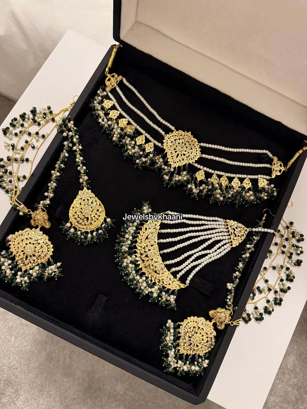 24k Gold Plated Indian Bridal Jewelry Set, Choker, Tikka, Jhumka, Jhoomar and nose ring