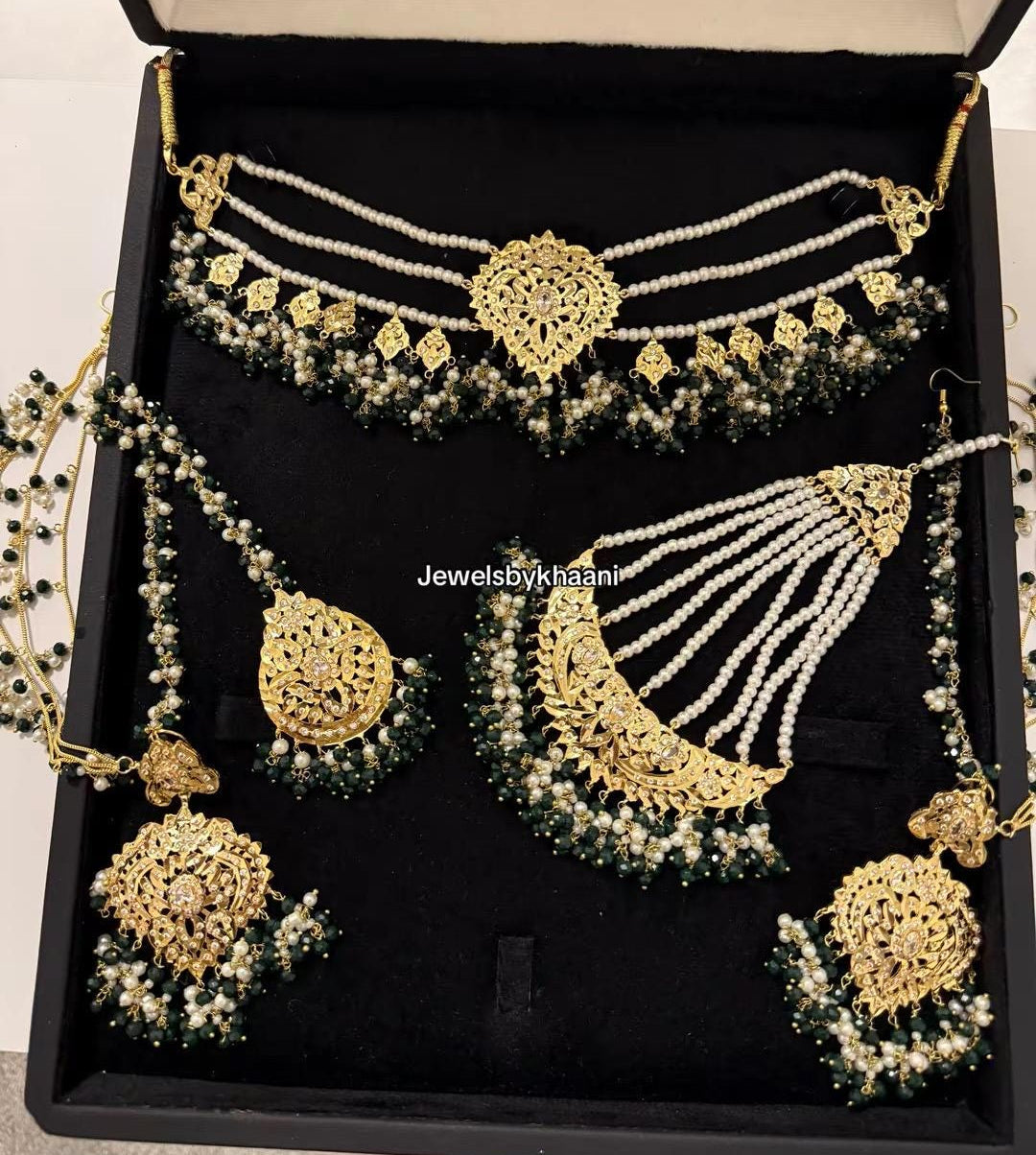 24k Gold Plated Indian Bridal Jewelry Set, Choker, Tikka, Jhumka, Jhoomar and nose ring