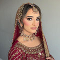 24k Gold Plated Kundan Bridal Jewellery Set, Includes choker, earrings, tikka, jhumar and nose ring.