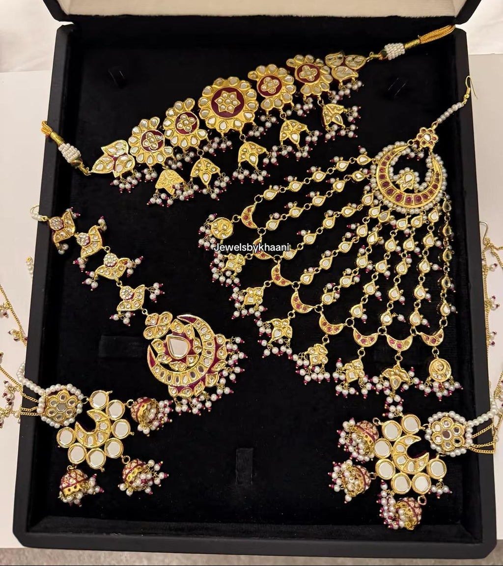 24k Gold Plated Kundan Bridal Jewellery Set, Includes choker, earrings, tikka, jhumar and nose ring.