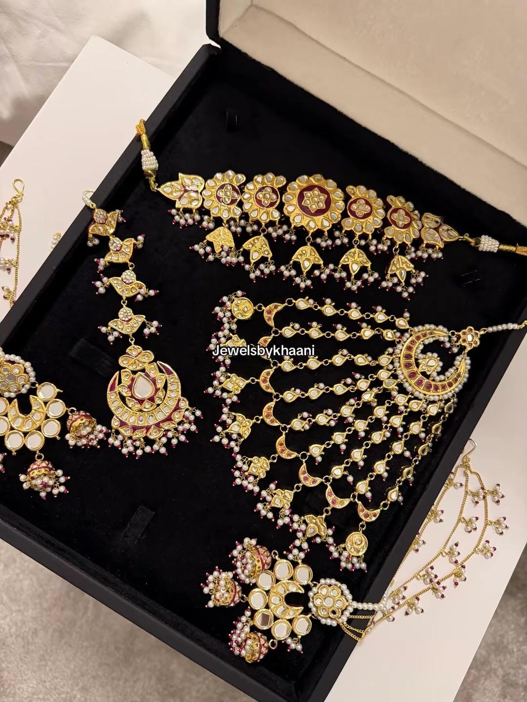 24k Gold Plated Kundan Bridal Jewellery Set, Includes choker, earrings, tikka, jhumar and nose ring.