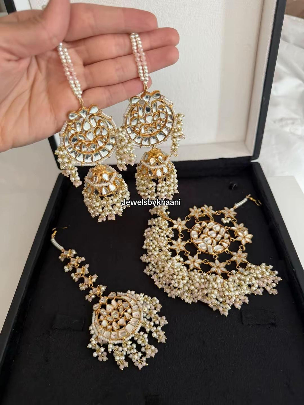 24k Gold plated Kundan  Indian/Pakistani Bridal earrings, jhumar and tikka set. Nikkah bride