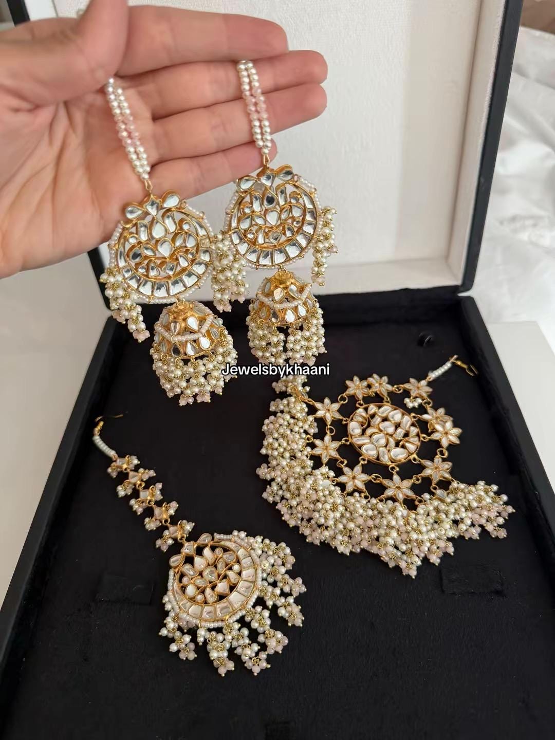 24k Gold plated Kundan  Indian/Pakistani Bridal earrings, jhumar and tikka set. Nikkah bride