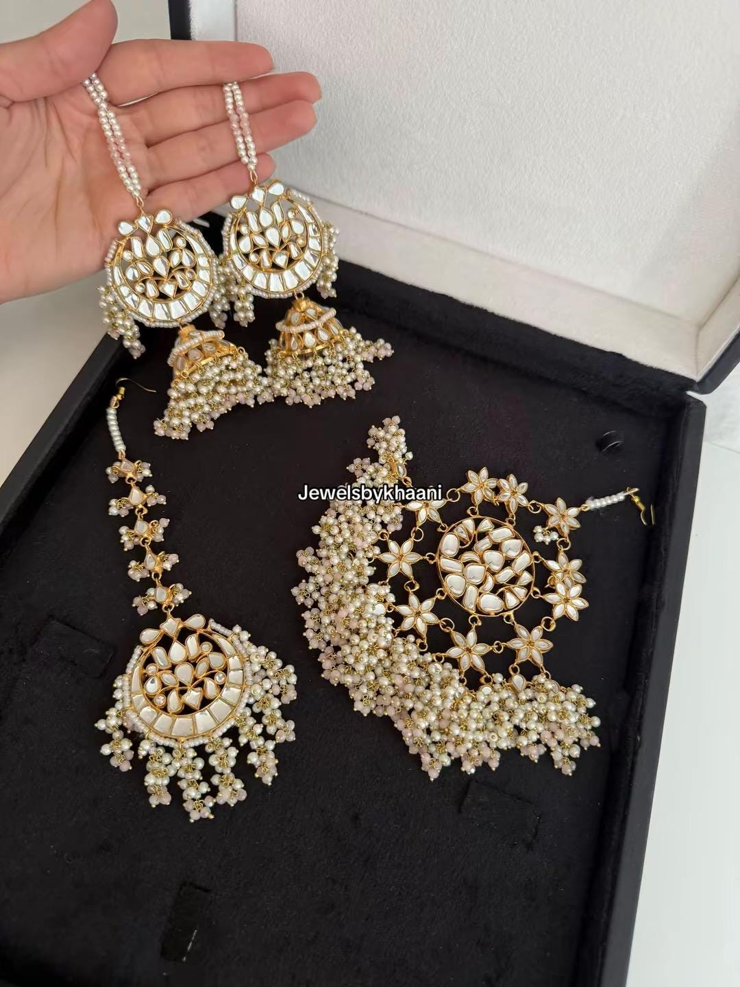 24k Gold plated Kundan  Indian/Pakistani Bridal earrings, jhumar and tikka set. Nikkah bride