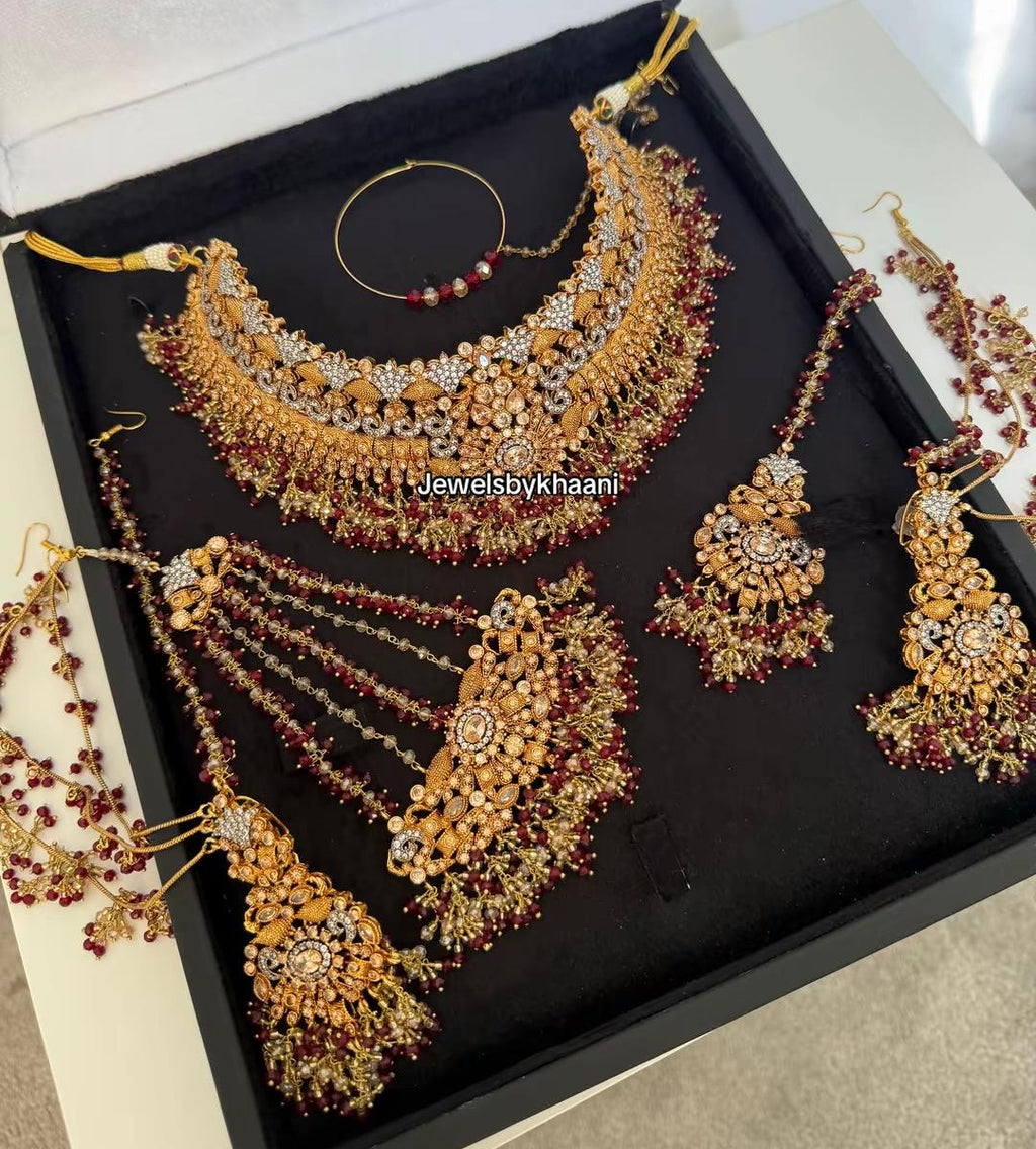 24k Gold plated 5pcs Red Indian/Pakistani Bridal Choker Jewelry Set for Wedding (Necklace, Maang Tikka, Jhumka Earrings, Jhoomar & Nose Pin)