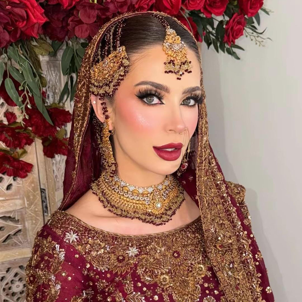 24k Gold plated 5pcs Red Indian/Pakistani Bridal Choker Jewelry Set for Wedding (Necklace, Maang Tikka, Jhumka Earrings, Jhoomar & Nose Pin)
