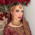 24k Gold plated 5pcs Red Indian/Pakistani Bridal Choker Jewelry Set for Wedding (Necklace, Maang Tikka, Jhumka Earrings, Jhoomar & Nose Pin)