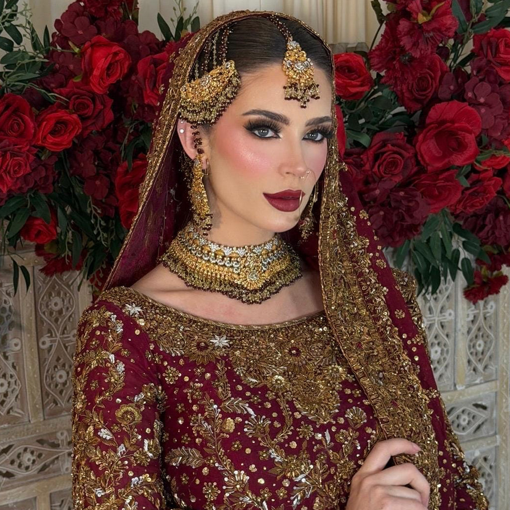 24k Gold plated 5pcs Red Indian/Pakistani Bridal Choker Jewelry Set for Wedding (Necklace, Maang Tikka, Jhumka Earrings, Jhoomar & Nose Pin)