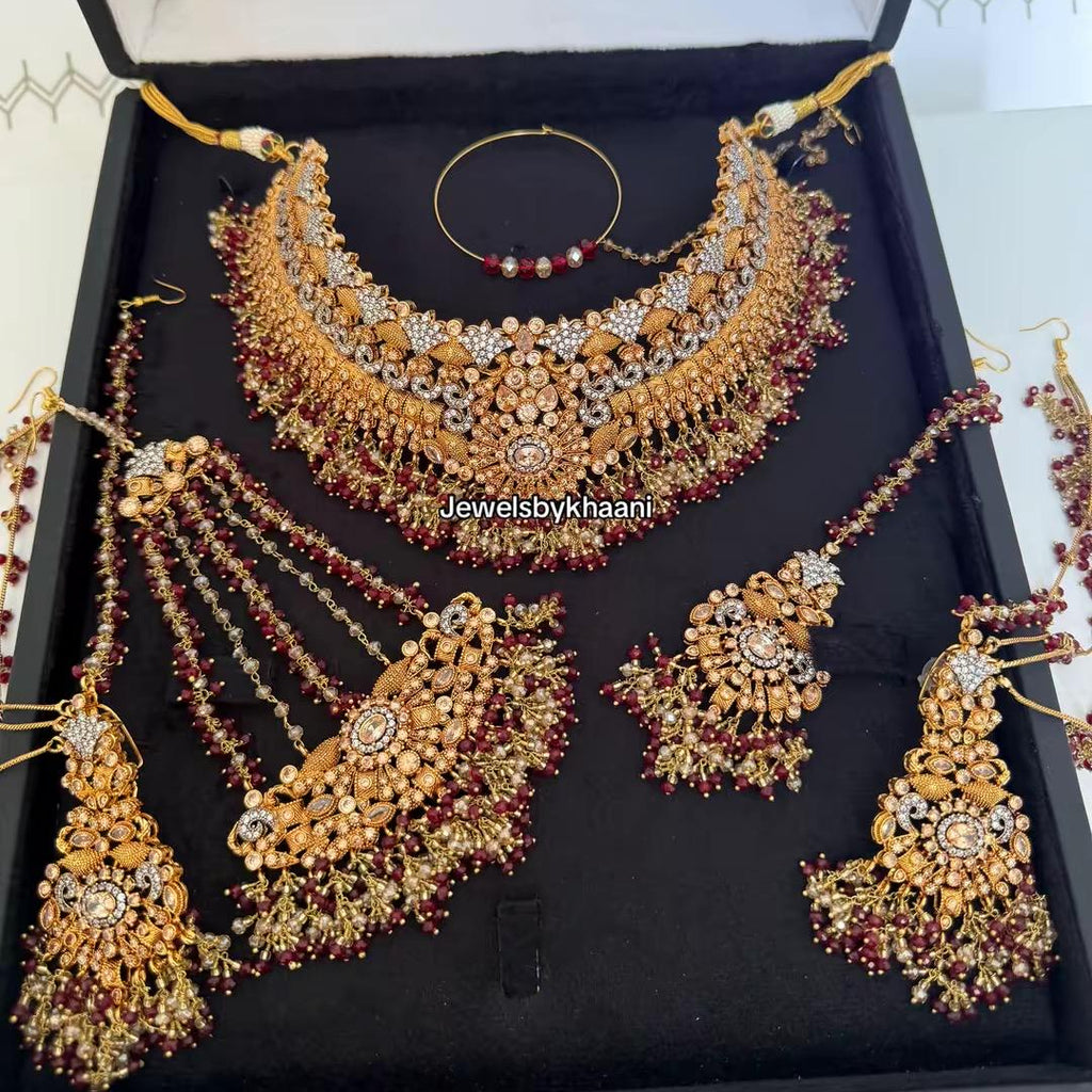 24k Gold plated 5pcs Red Indian/Pakistani Bridal Choker Jewelry Set for Wedding (Necklace, Maang Tikka, Jhumka Earrings, Jhoomar & Nose Pin)