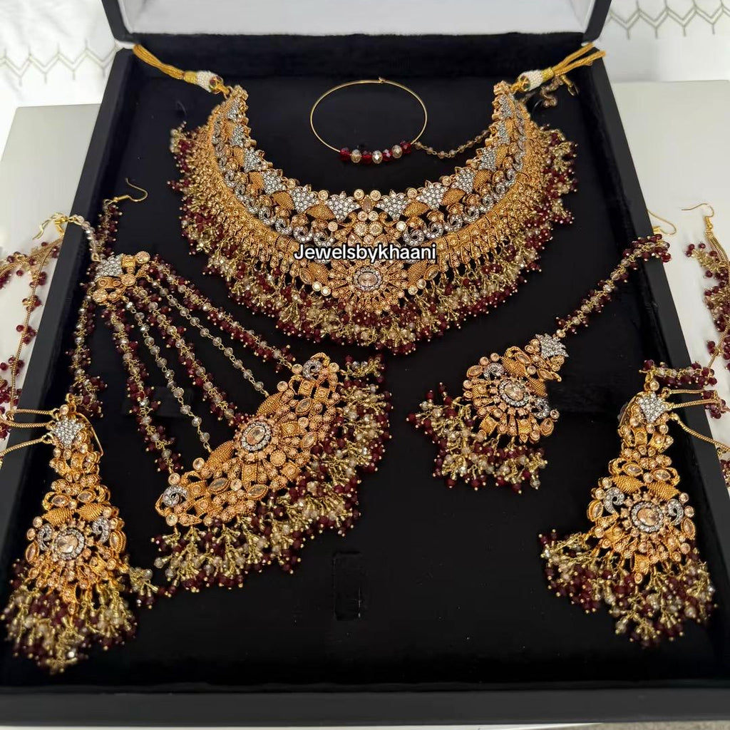 24k Gold plated 5pcs Red Indian/Pakistani Bridal Choker Jewelry Set for Wedding (Necklace, Maang Tikka, Jhumka Earrings, Jhoomar & Nose Pin)