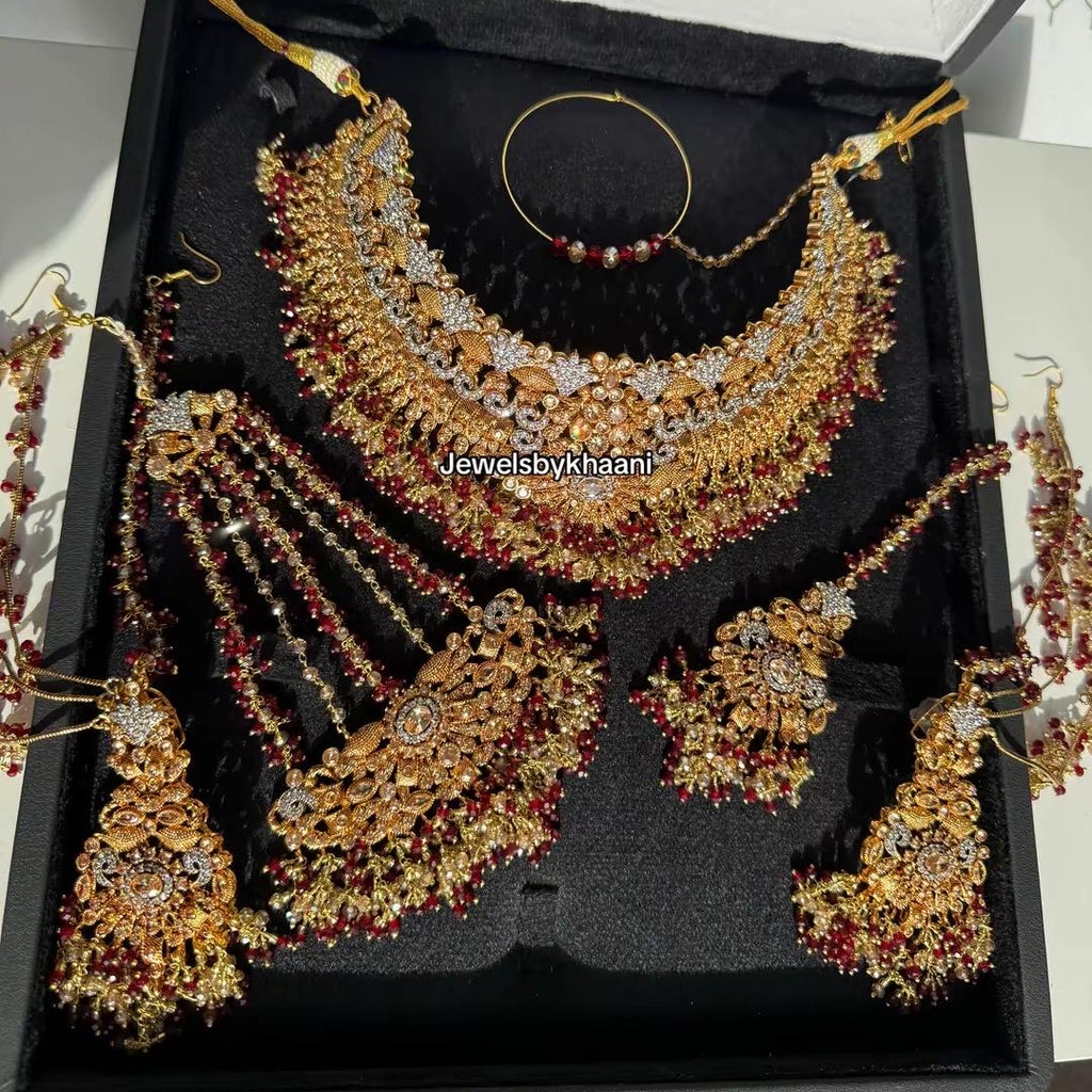 24k Gold plated 5pcs Red Indian/Pakistani Bridal Choker Jewelry Set for Wedding (Necklace, Maang Tikka, Jhumka Earrings, Jhoomar & Nose Pin)
