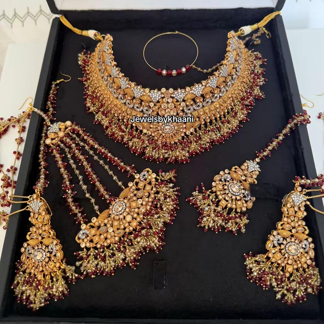 24k Gold plated 5pcs Red Indian/Pakistani Bridal Choker Jewelry Set for Wedding (Necklace, Maang Tikka, Jhumka Earrings, Jhoomar & Nose Pin)