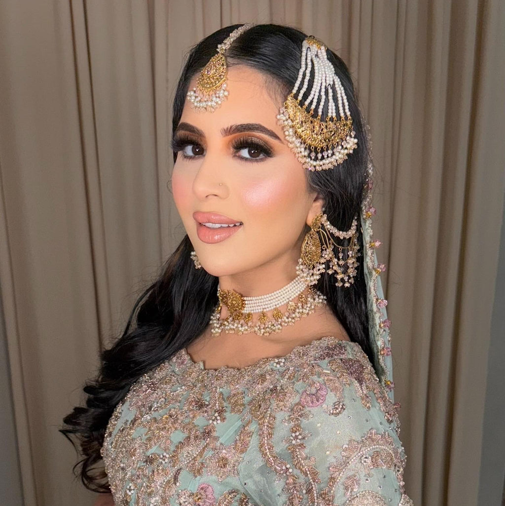 24k Gold plated 5pcs  bride Indian/Pakistani Bridal Choker Jewelry Set for Wedding (Necklace, Maang Tikka, Jhumka Earrings, Jhoomar)