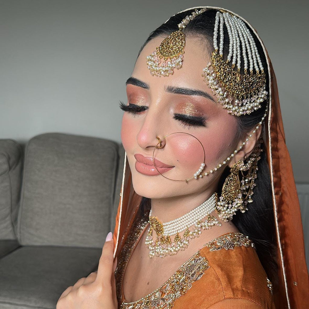 24k Gold plated 5pcs  bride Indian/Pakistani Bridal Choker Jewelry Set for Wedding (Necklace, Maang Tikka, Jhumka Earrings, Jhoomar)