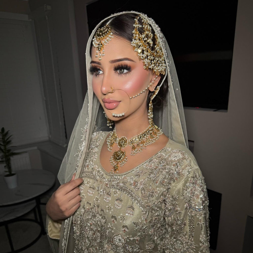 24k Gold plated 5pcs  bride Indian/Pakistani Kundan Bridal Choker Jewelry Set for Wedding (Necklace, Maang Tikka, Jhumka Earrings, Jhoomar)