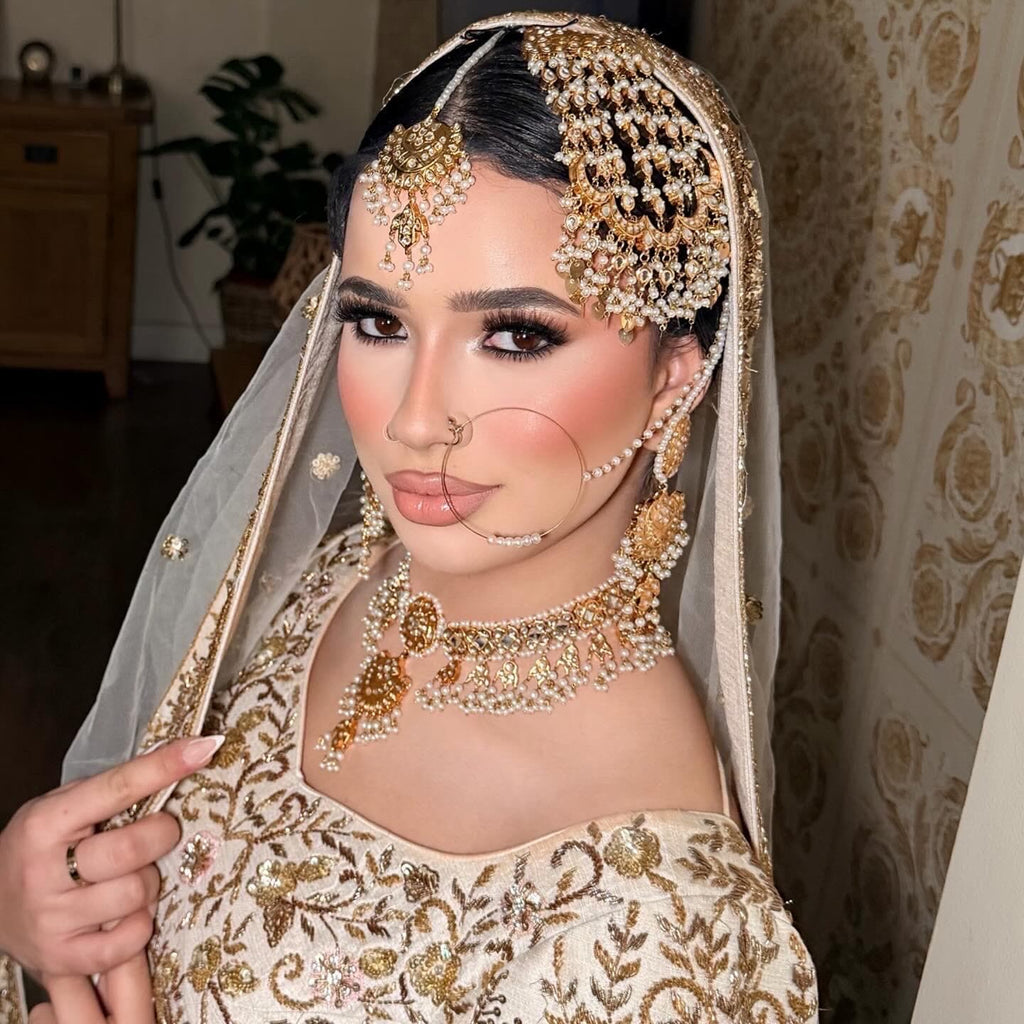 24k Gold plated 5pcs  bride Indian/Pakistani Kundan Bridal Choker Jewelry Set for Wedding (Necklace, Maang Tikka, Jhumka Earrings, Jhoomar)