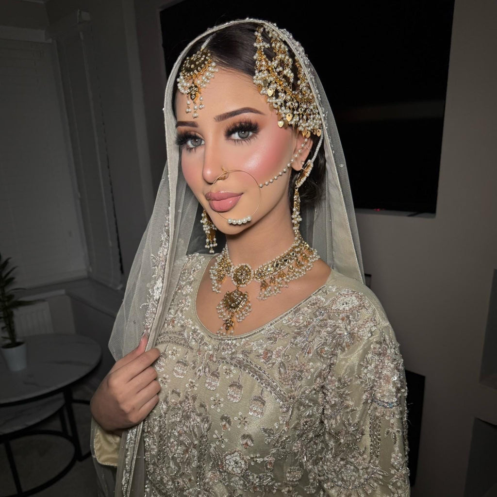 24k Gold plated 5pcs  bride Indian/Pakistani Kundan Bridal Choker Jewelry Set for Wedding (Necklace, Maang Tikka, Jhumka Earrings, Jhoomar)
